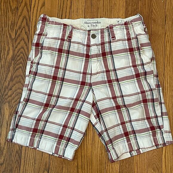 Abercrombie Fitch Madras Plaid Cotton Chino Shorts White Red Green Men's 34 x 10 - Picture 1 of 12
